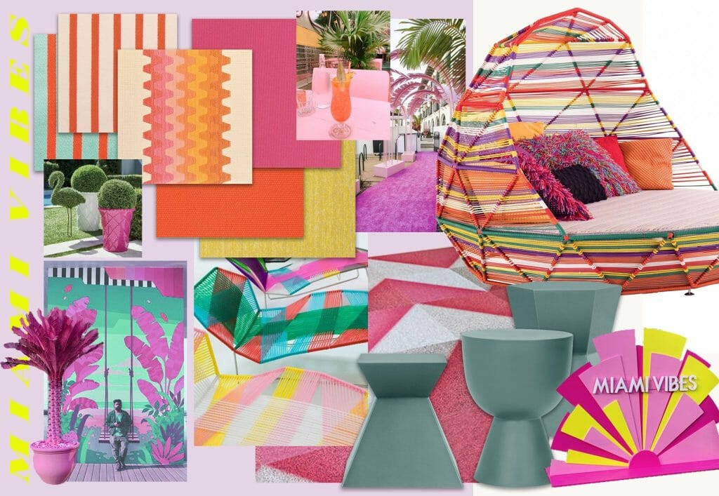 Moodboard of many bright colours, and textured chairs and odd-shaped stools